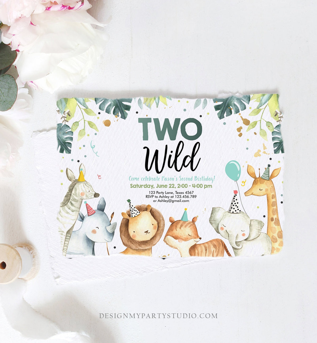 Editable Birthday Invitation Boy Two Wild Animals Invite Green and Gold Safari Zoo Instant Download Printable Template Digital Corjl 0163