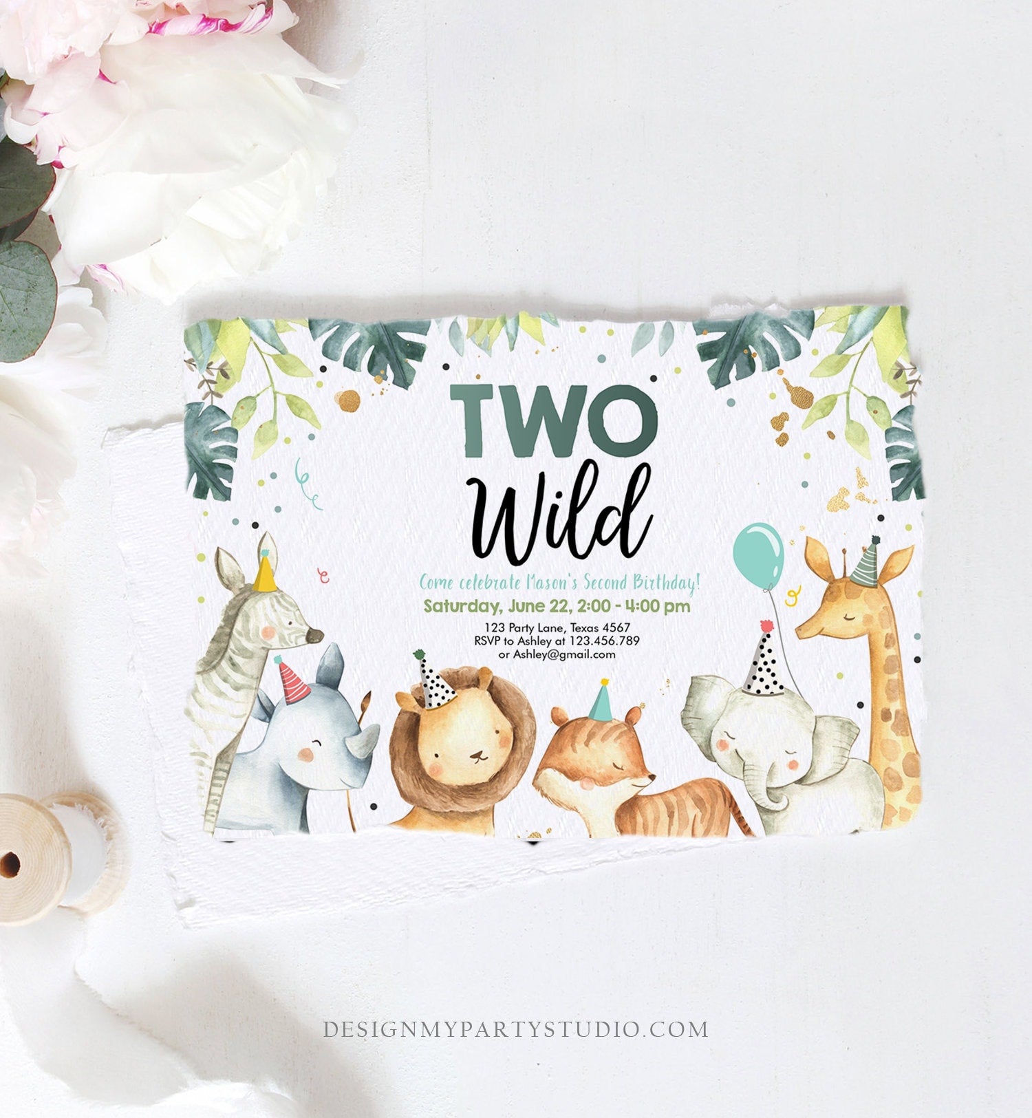 Editable Birthday Invitation Boy Two Wild Animals Invite Green and Gold Safari Zoo Instant Download Printable Template Digital Corjl 0163