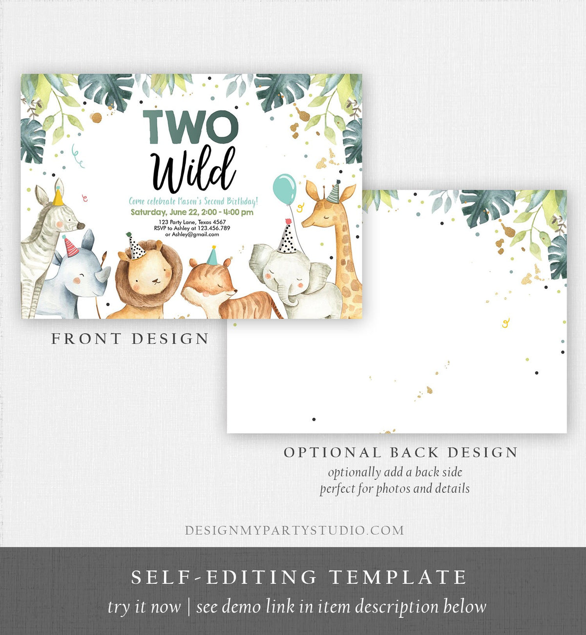Editable Birthday Invitation Boy Two Wild Animals Invite Green and Gold Safari Zoo Instant Download Printable Template Digital Corjl 0163