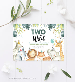 Editable Birthday Invitation Boy Two Wild Animals Invite Green and Gold Safari Zoo Instant Download Printable Template Digital Corjl 0163