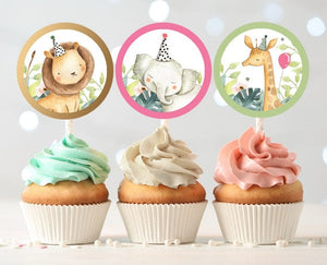 Safari Animals Cupcake Toppers Favor Tags Birthday Party Decoration Girl Animal Wild One Stickers Pink Gold Download Digital PRINTABLE 0163