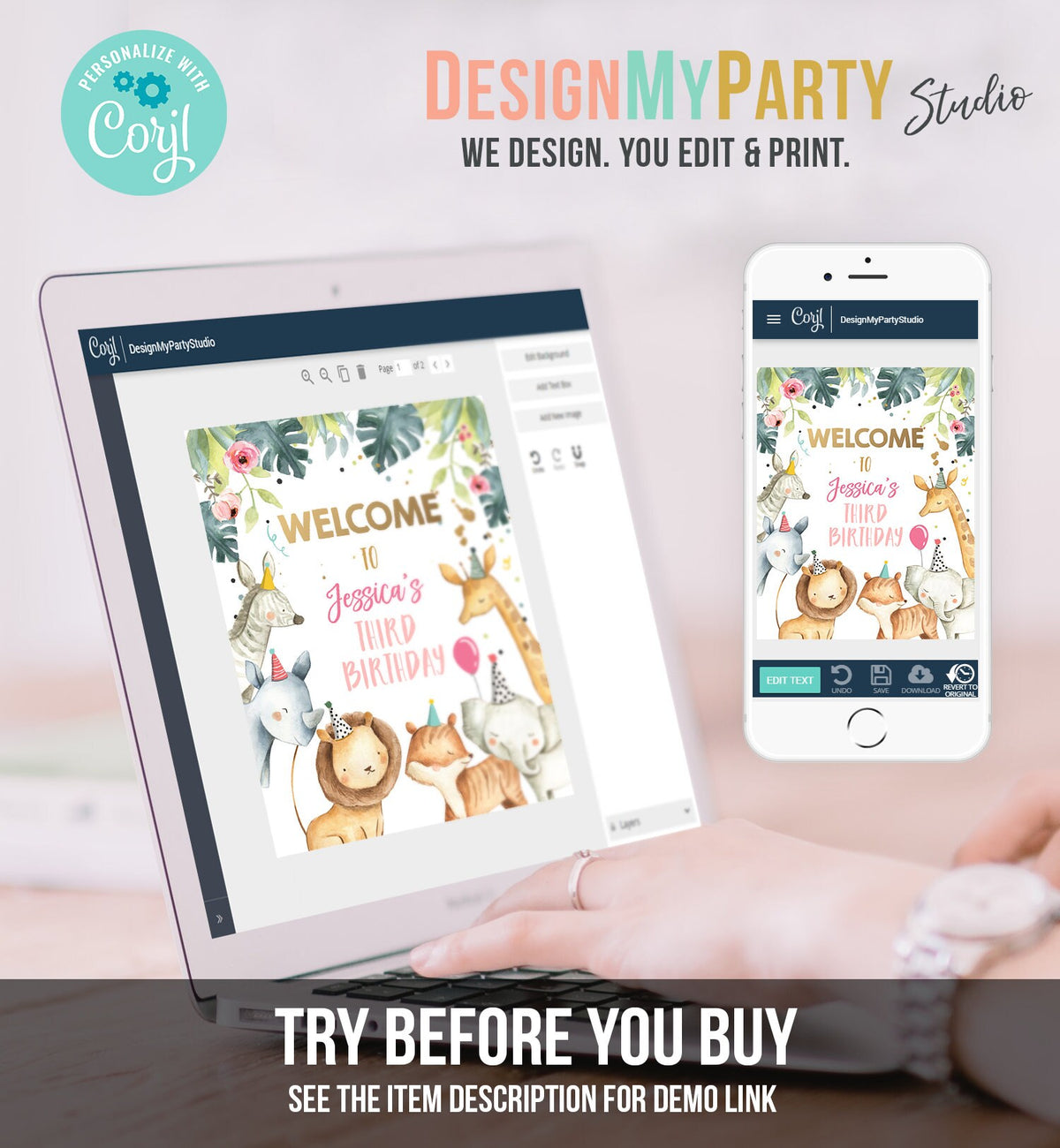 Editable Safari Animals Welcome Sign Party Animals Sign Zoo Safari Pink Gold Welcome Jungle Sign Birthday Template PRINTABLE Corjl 0163