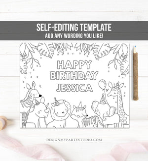 Editable Coloring Page Safari Animals Birthday Party Activity Game Wild One Birthday Zoo Jungle Party Instant Download PRINTABLE Corjl 0163