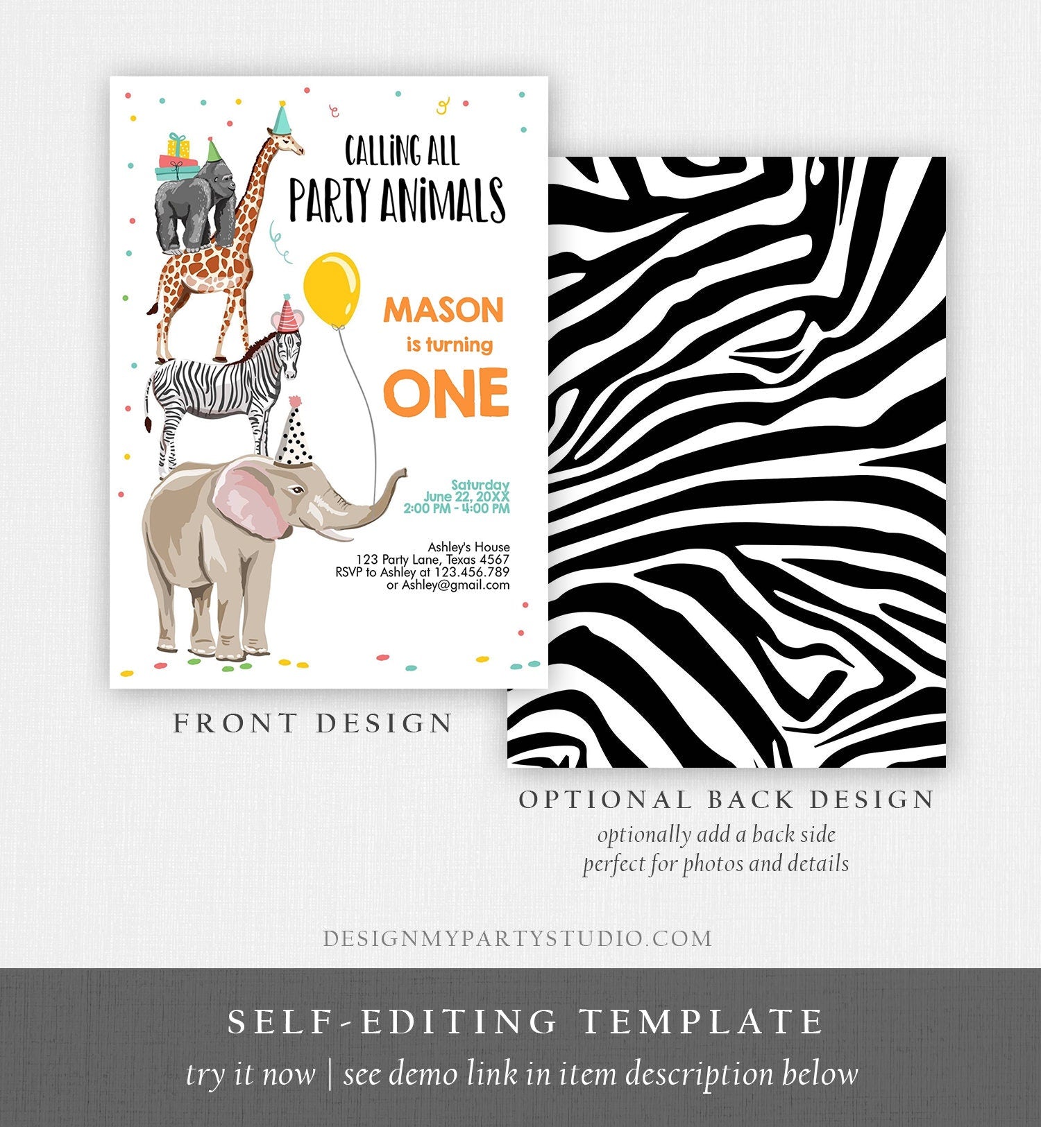 Editable Party Animals Birthday Invitation Wild One Animals Invitation Zoo Safari Animals Boy Download Corjl Template Printable 0142