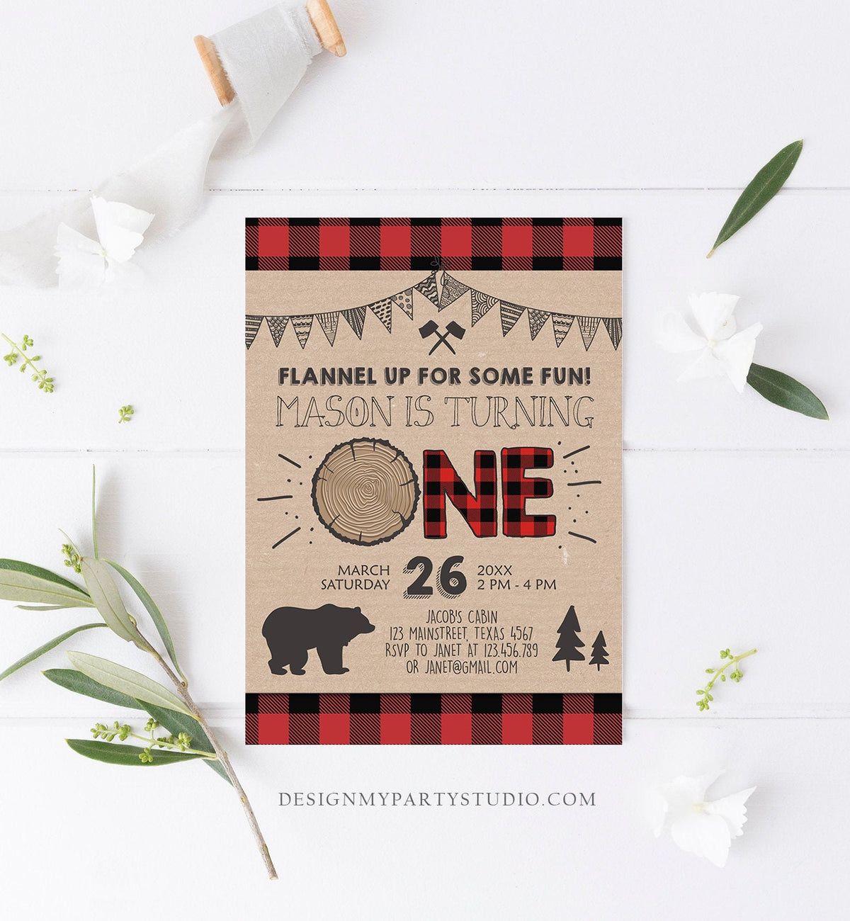Editable Lumberjack Birthday Invitation Rustic Woodland First Birthday Bear Forest Red Black Plaid Download Corjl Template Printable 0026
