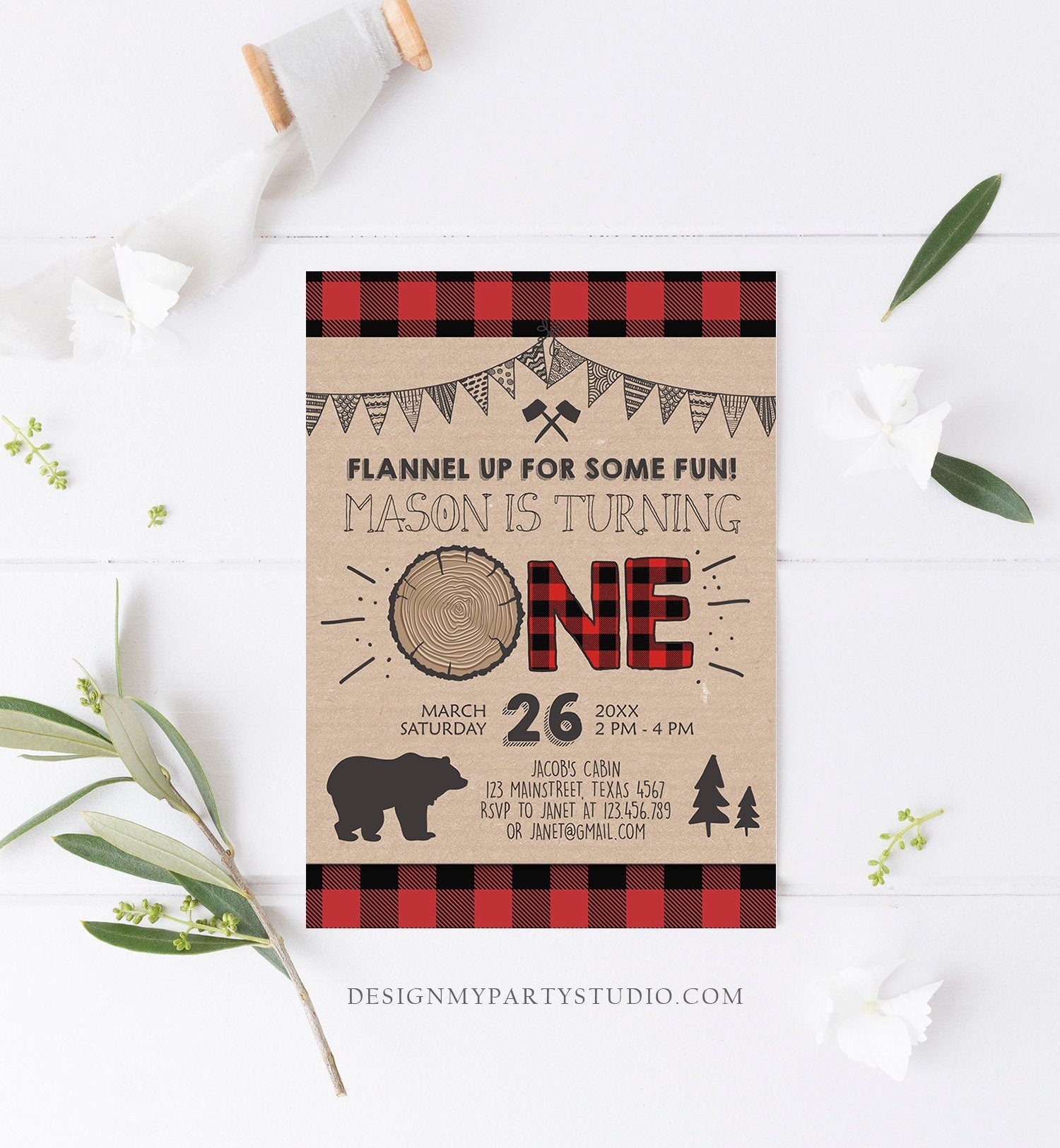 Editable Lumberjack Birthday Invitation Rustic Woodland First Birthday Bear Forest Red Black Plaid Download Corjl Template Printable 0026