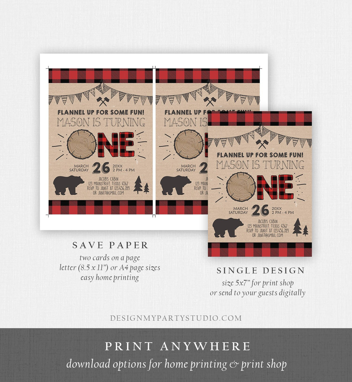 Editable Lumberjack Birthday Invitation Rustic Woodland First Birthday Bear Forest Red Black Plaid Download Corjl Template Printable 0026