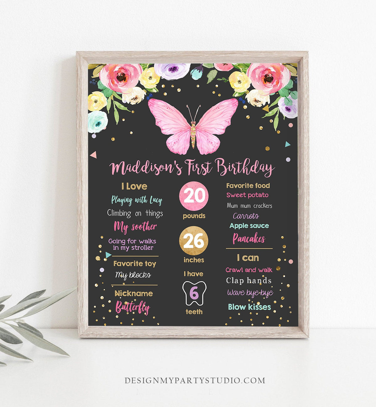 Editable Butterfly Birthday Milestones Sign Garden 1st Birthday First Birthday Girl Pink and Gold Download Corjl Template Printable 0162