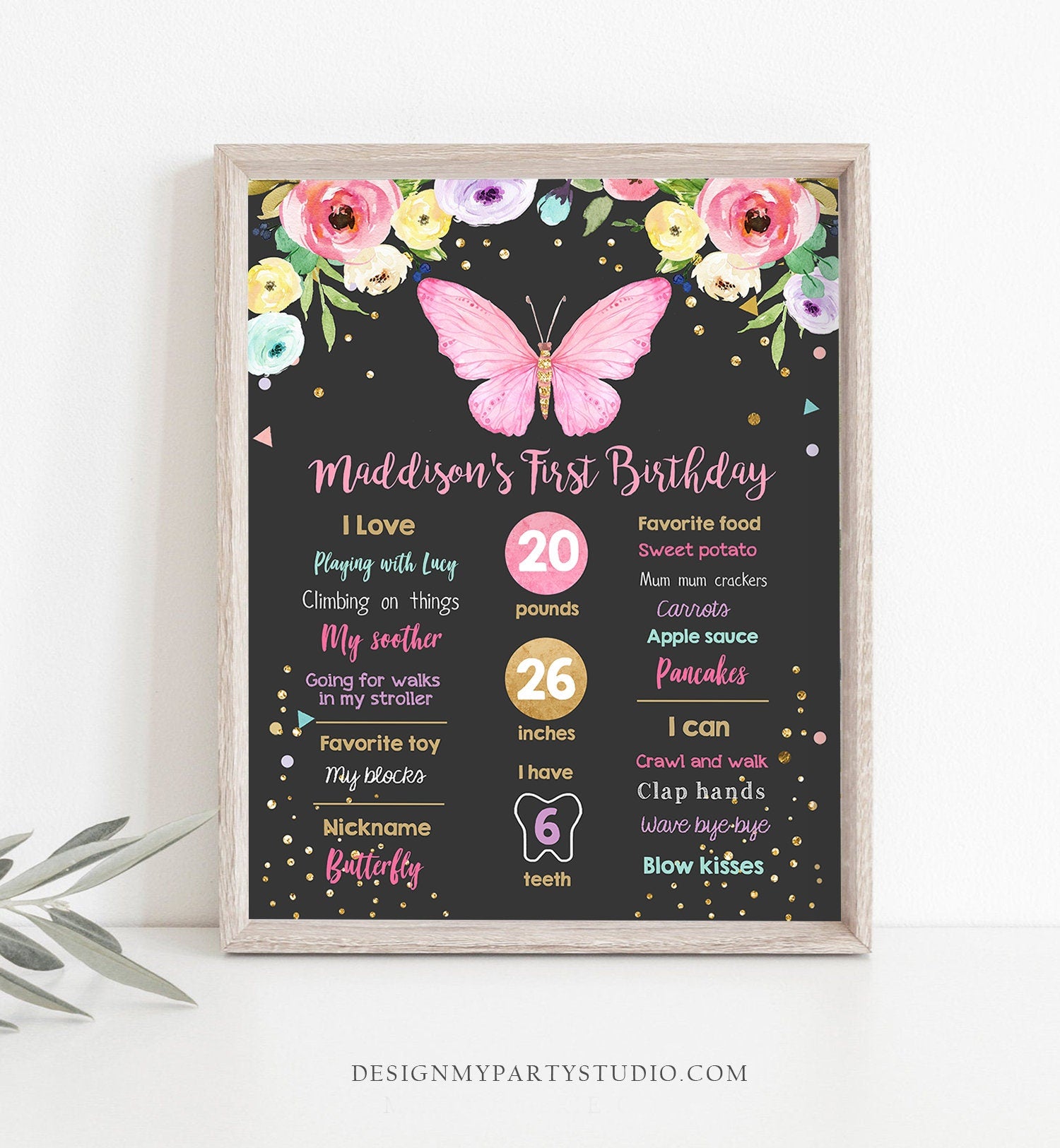 Editable Butterfly Birthday Milestones Sign Garden 1st Birthday First Birthday Girl Pink and Gold Download Corjl Template Printable 0162