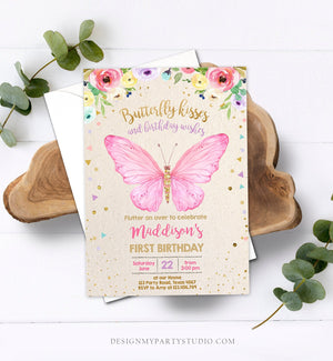 Editable Butterfly Birthday Invitation Butterfly Invitation Garden Floral Flowers Pink Gold Girl Download Printable Template Corjl 0162