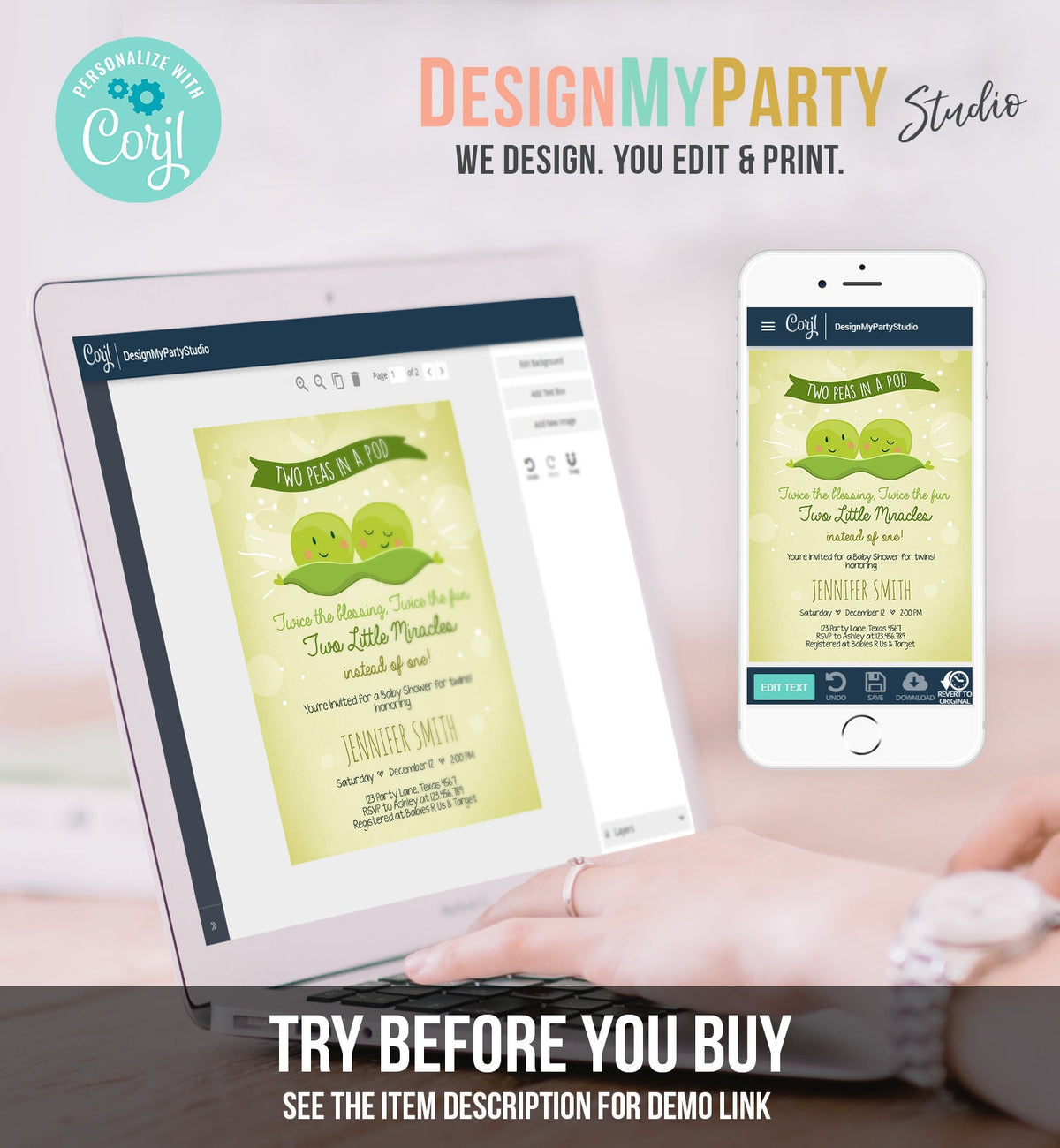 Editable Two Peas In a Pod Baby Shower Invitation Twin Baby Shower Green Gender Neutral Sweet Pea Download Evite Template Printable 0020