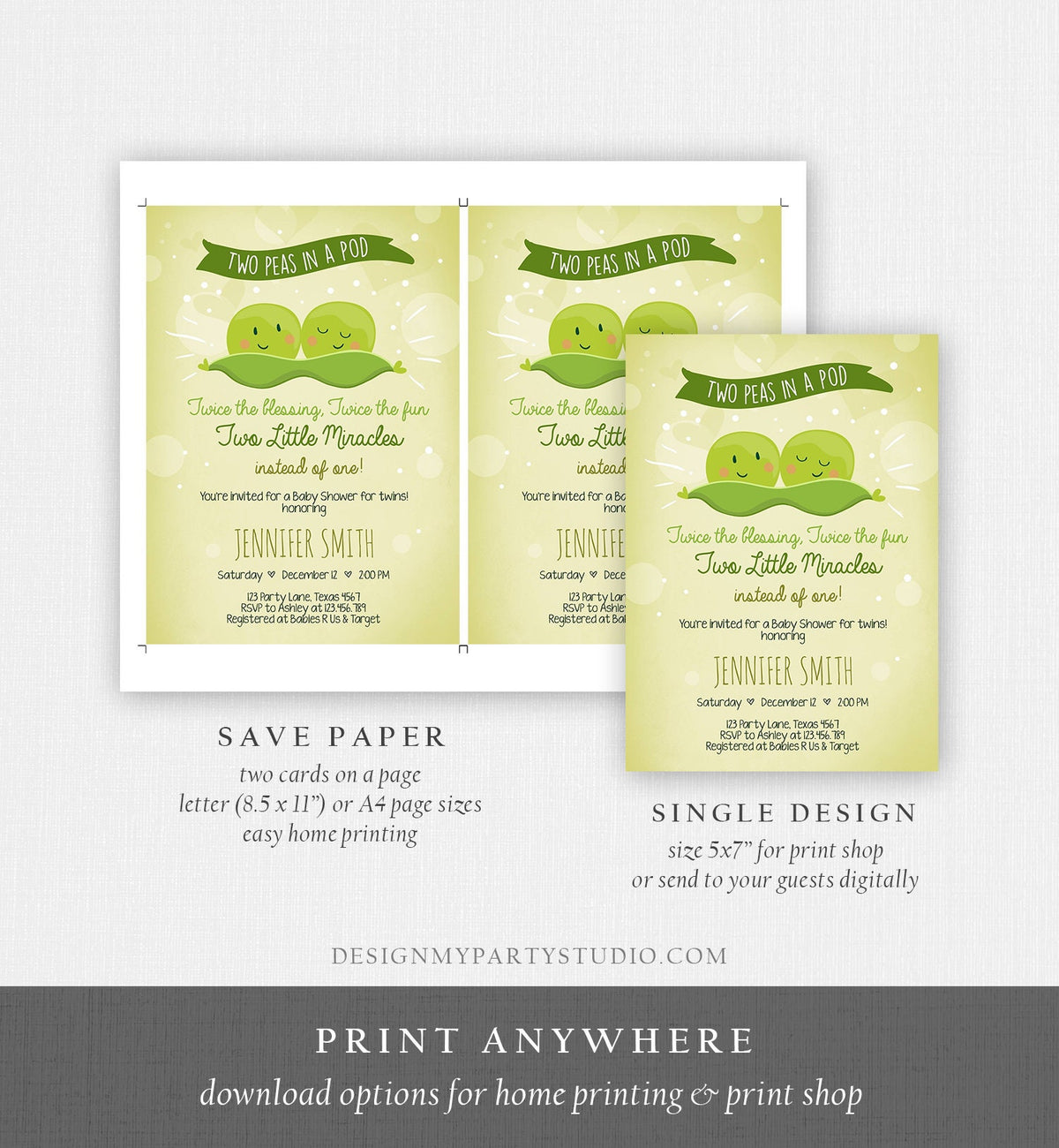Editable Two Peas In a Pod Baby Shower Invitation Twin Baby Shower Green Gender Neutral Sweet Pea Download Evite Template Printable 0020