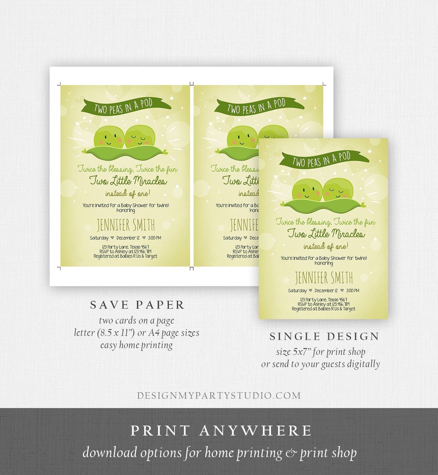 Editable Two Peas In a Pod Baby Shower Invitation Twin Baby Shower Green Gender Neutral Sweet Pea Download Evite Template Printable 0020