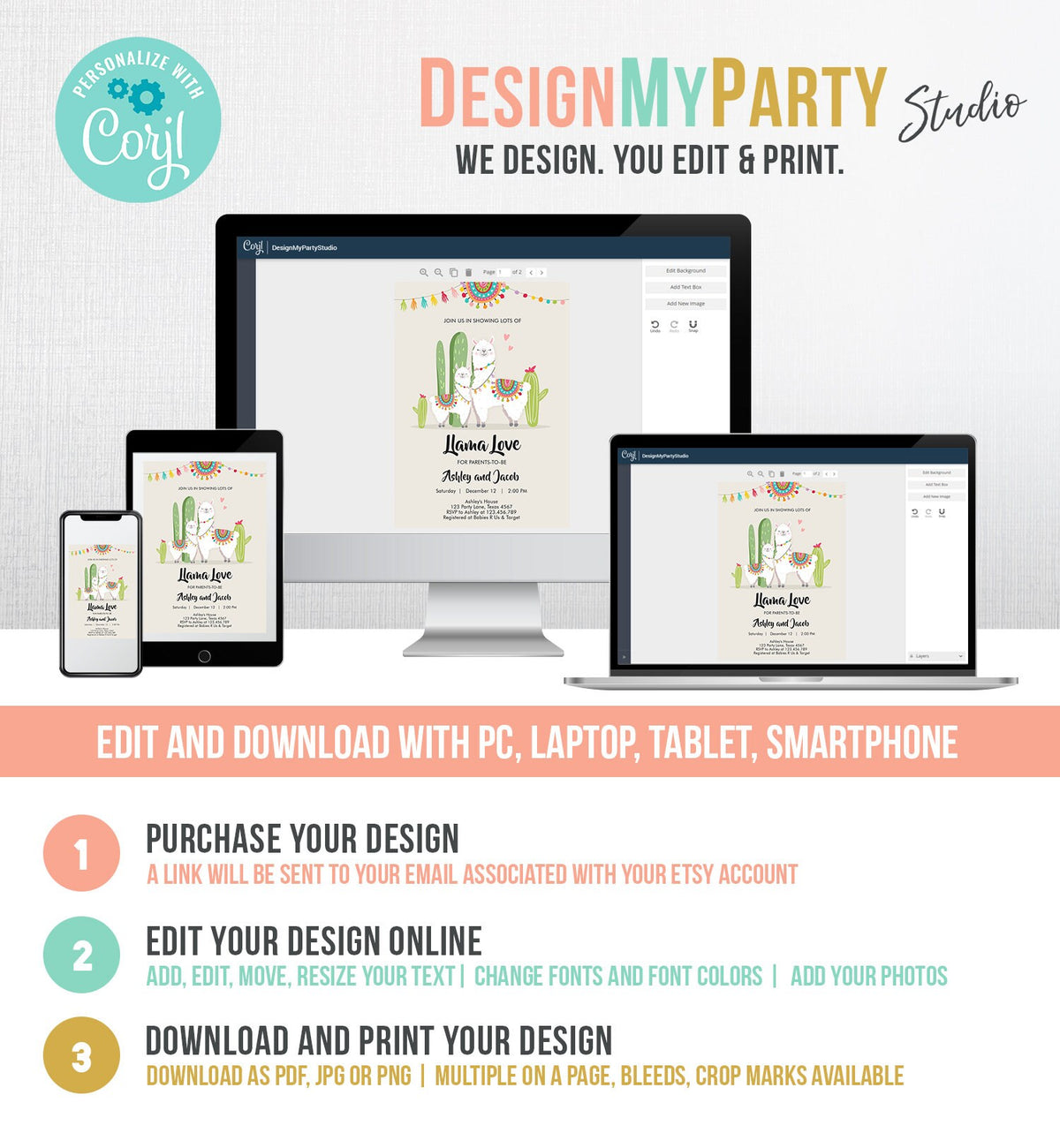 Editable Llama Baby Shower Invitation Llama Love Fiesta Cactus Mexican Couples Coed Shower Digital Download Template Printable 0079