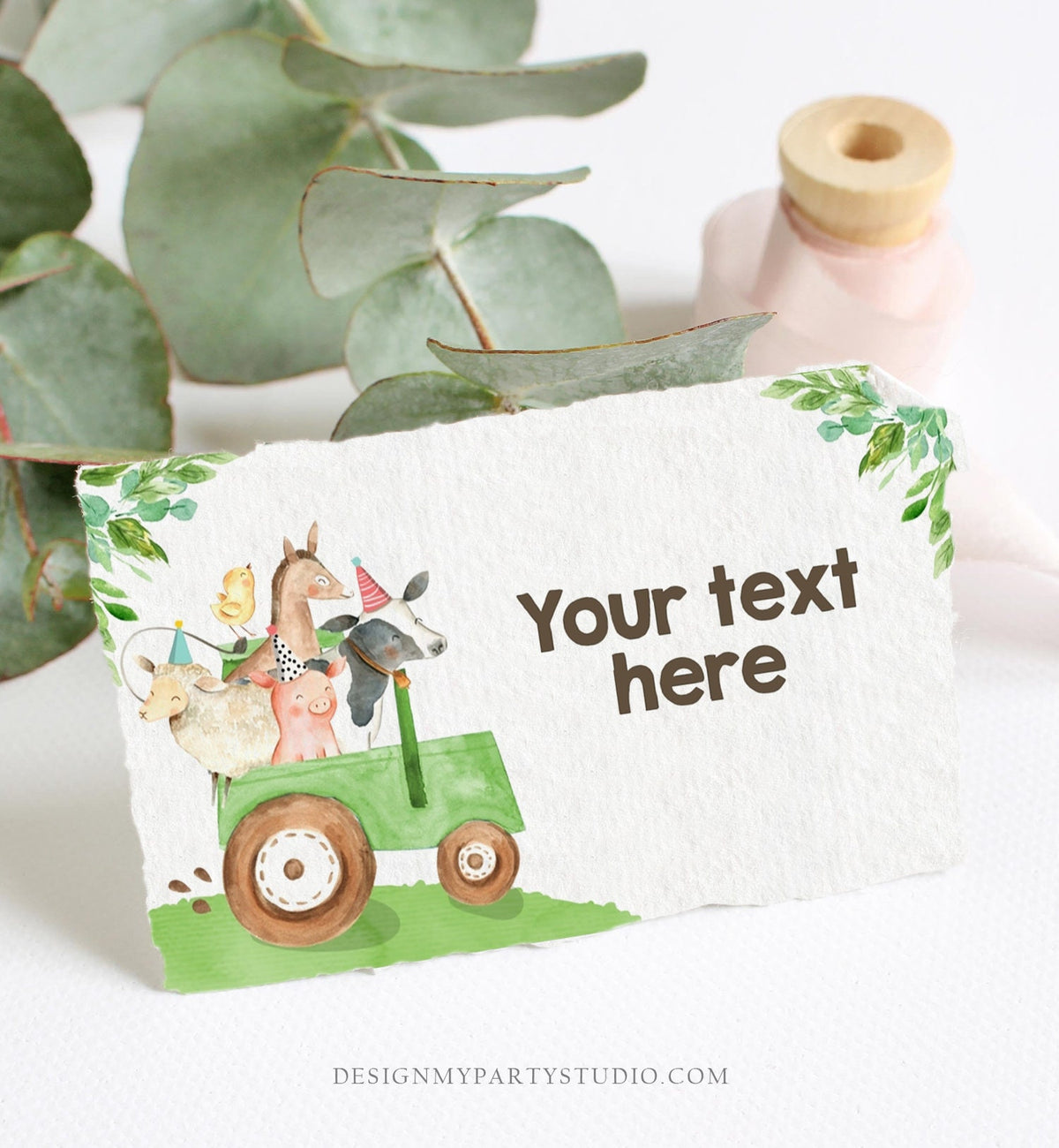 Editable Farm Animals Food Labels Barnyard Birthday Food Cards Tent Card Green Tractor Farm Boy Shower Label Tent Card Template Corjl 0155