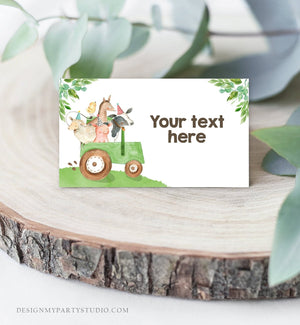 Editable Farm Animals Food Labels Barnyard Birthday Food Cards Tent Card Green Tractor Farm Boy Shower Label Tent Card Template Corjl 0155