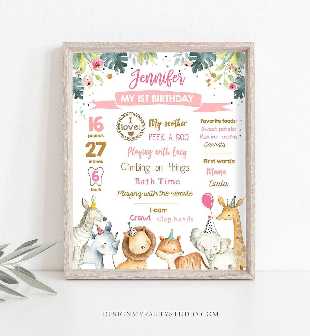 Editable Safari Animals Birthday Milestones Sign Party Animals Pink Girl Birthday Zoo Jungle 1st Birthday Download Printable Digital 0163