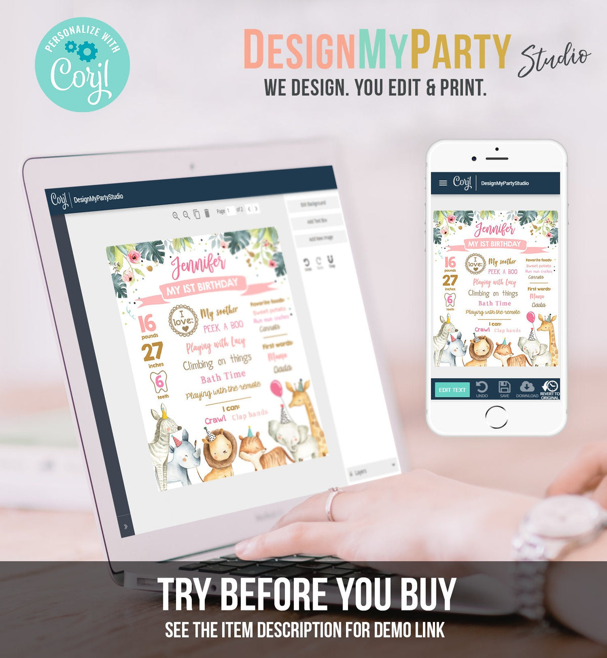 Editable Safari Animals Birthday Milestones Sign Party Animals Pink Girl Birthday Zoo Jungle 1st Birthday Download Printable Digital 0163