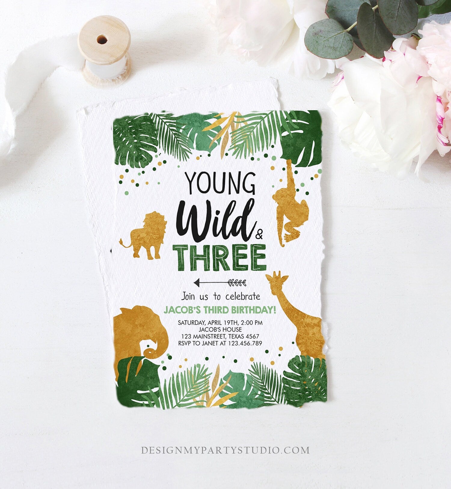 Editable Young Wild and Three Birthday Invitation Safari Animals Party Animals Boy Third Birthday 3rd Digital Evite Template Printable 0016