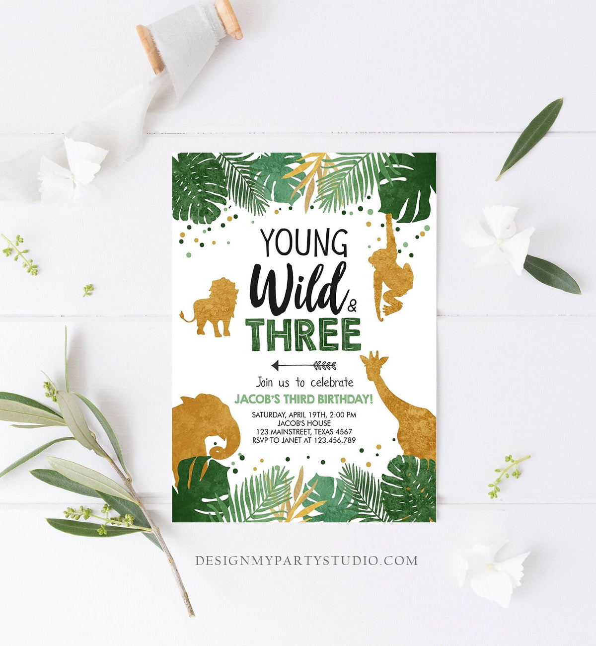 Editable Young Wild and Three Birthday Invitation Safari Animals Party Animals Boy Third Birthday 3rd Digital Evite Template Printable 0016