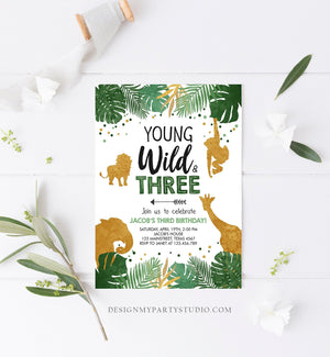 Editable Young Wild and Three Birthday Invitation Safari Animals Party Jungle Zoo Animals Boy Gold Download Printable Corjl Template 0016