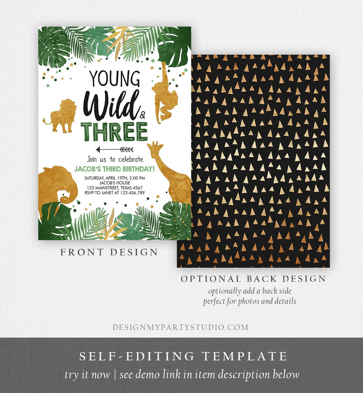 Editable Young Wild and Three Birthday Invitation Safari Animals Party Animals Boy Third Birthday 3rd Digital Evite Template Printable 0016