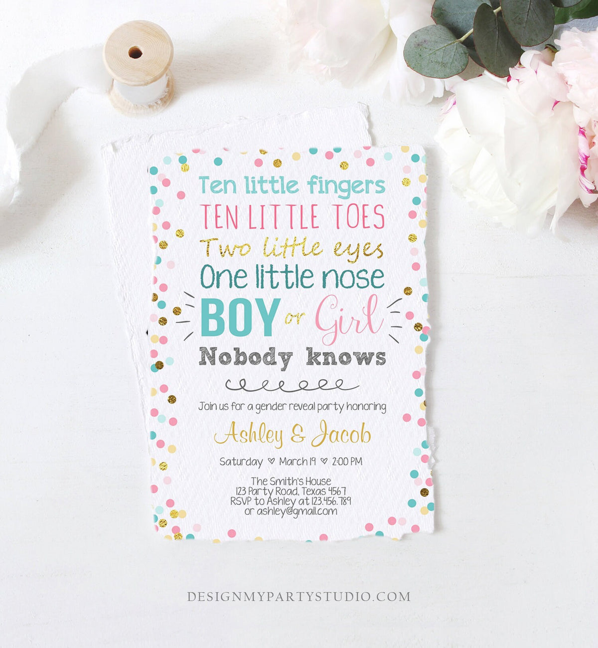Editable Gender Reveal Invitation Baby Shower Boy or Girl Pink or Blue He or She Confetti Gold Corjl Template Instant Download Digital 0133