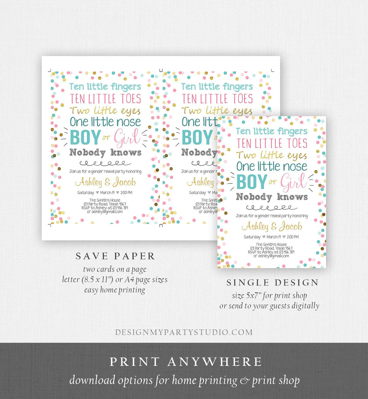 Editable Gender Reveal Invitation Baby Shower Boy or Girl Pink or Blue He or She Confetti Gold Corjl Template Instant Download Digital 0133