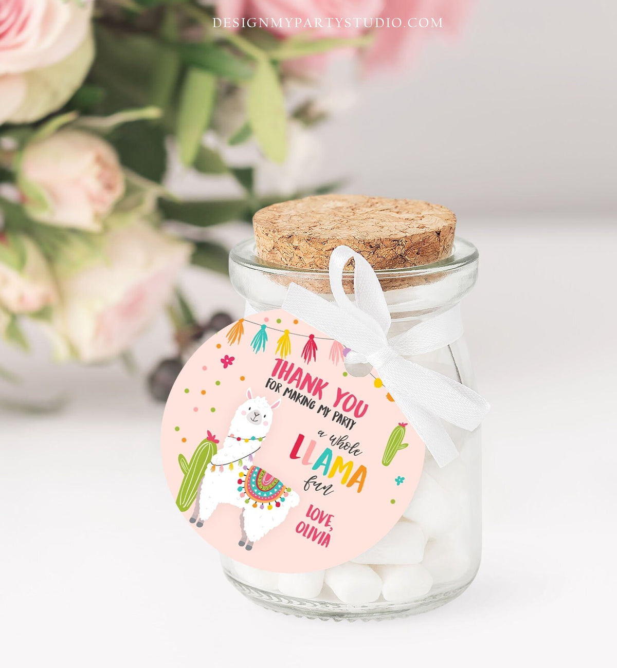 Editable Llama Thank You Favor Tag Baby Shower Sticker Fiesta Cactus Alpaca Mexican Llama Birthday Girl Pink Digital Template Printable 0079