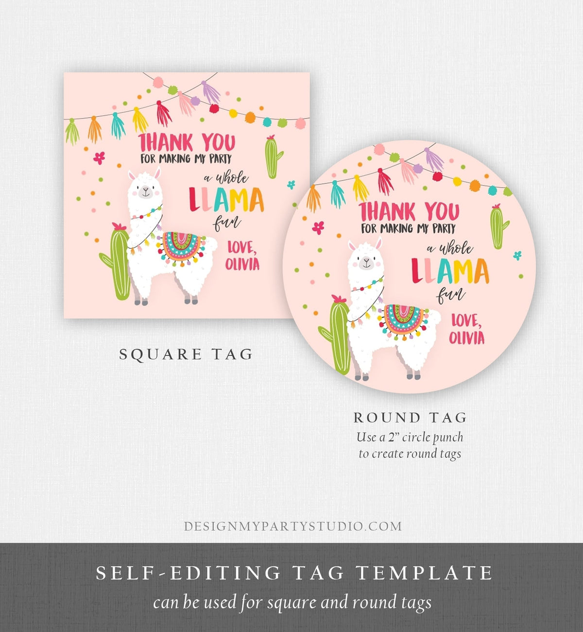 Editable Llama Thank You Favor Tag Baby Shower Sticker Fiesta Cactus Alpaca Mexican Llama Birthday Girl Pink Digital Template Printable 0079
