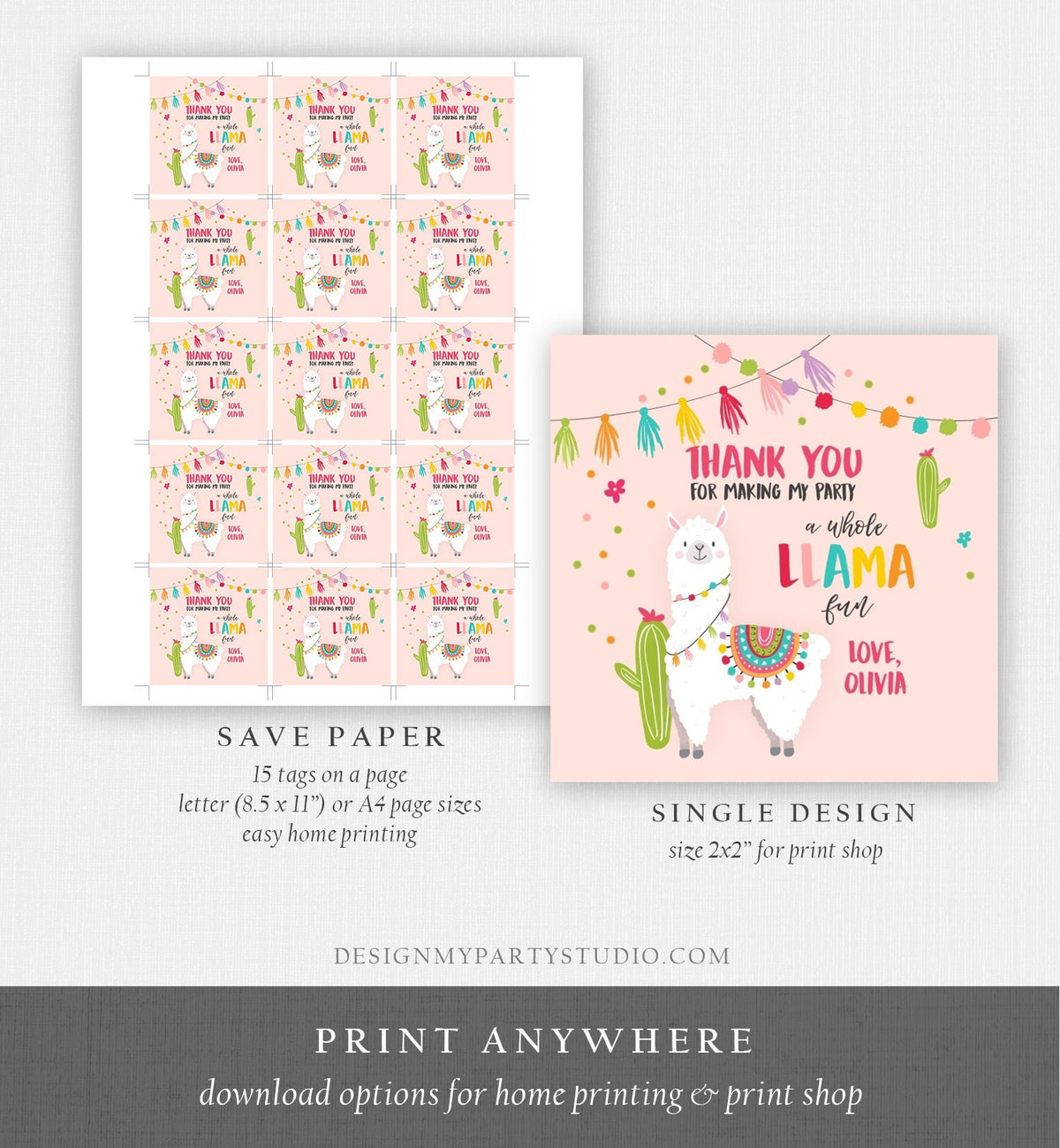Editable Llama Thank You Favor Tag Baby Shower Sticker Fiesta Cactus Alpaca Mexican Llama Birthday Girl Pink Digital Template Printable 0079