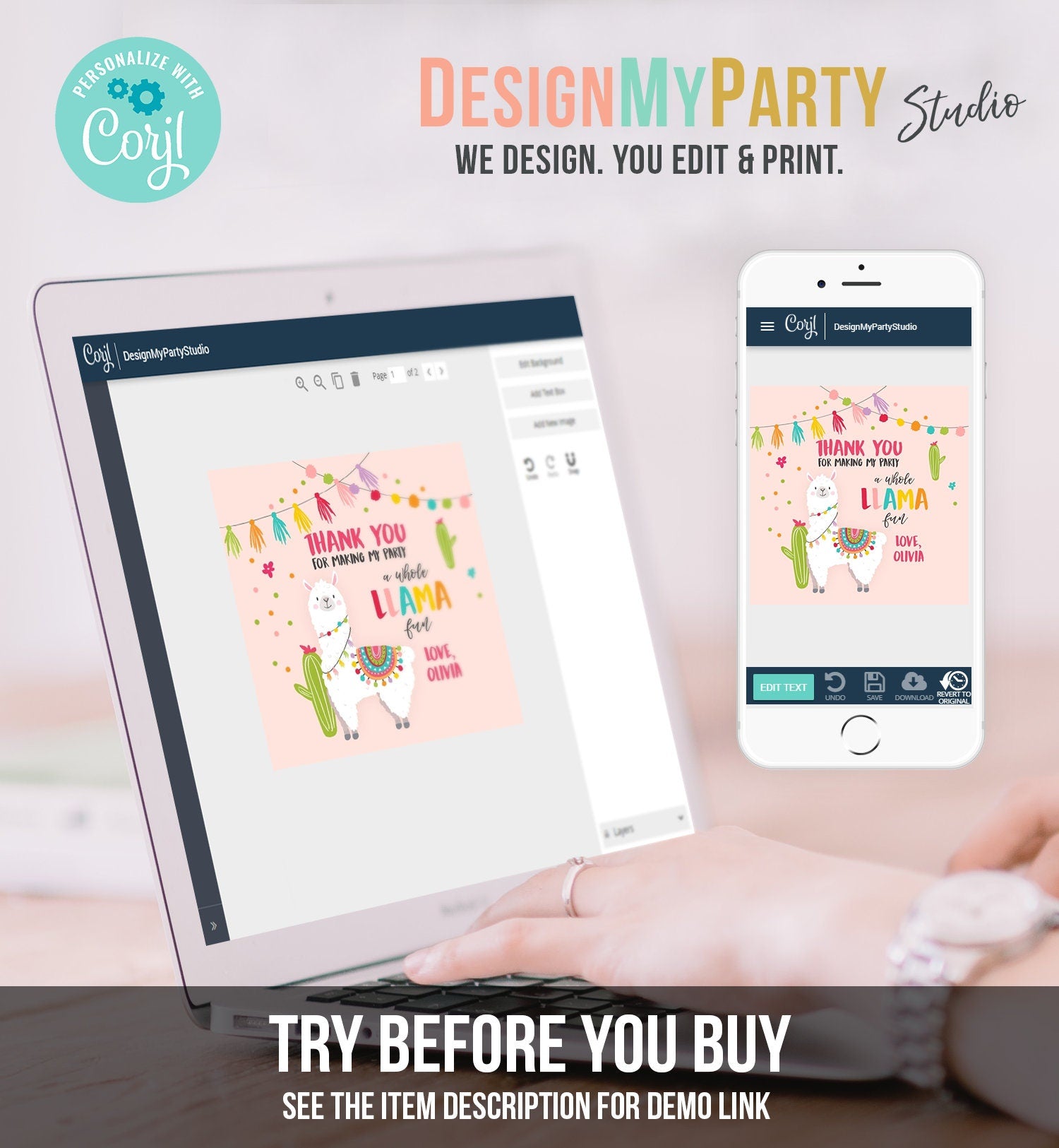 Editable Llama Thank You Favor Tag Baby Shower Sticker Fiesta Cactus Alpaca Mexican Llama Birthday Girl Pink Digital Template Printable 0079