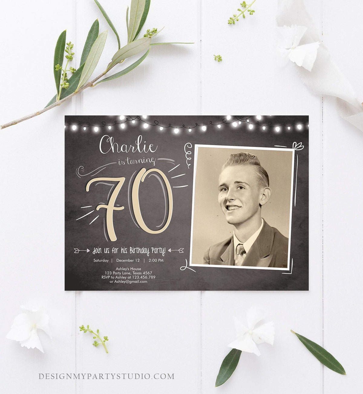 Editable 70th Birthday Invitation Chalkboard Rustic Adult Surprise Birthday Party Seventy Photo Download Evite Template Printable 0230