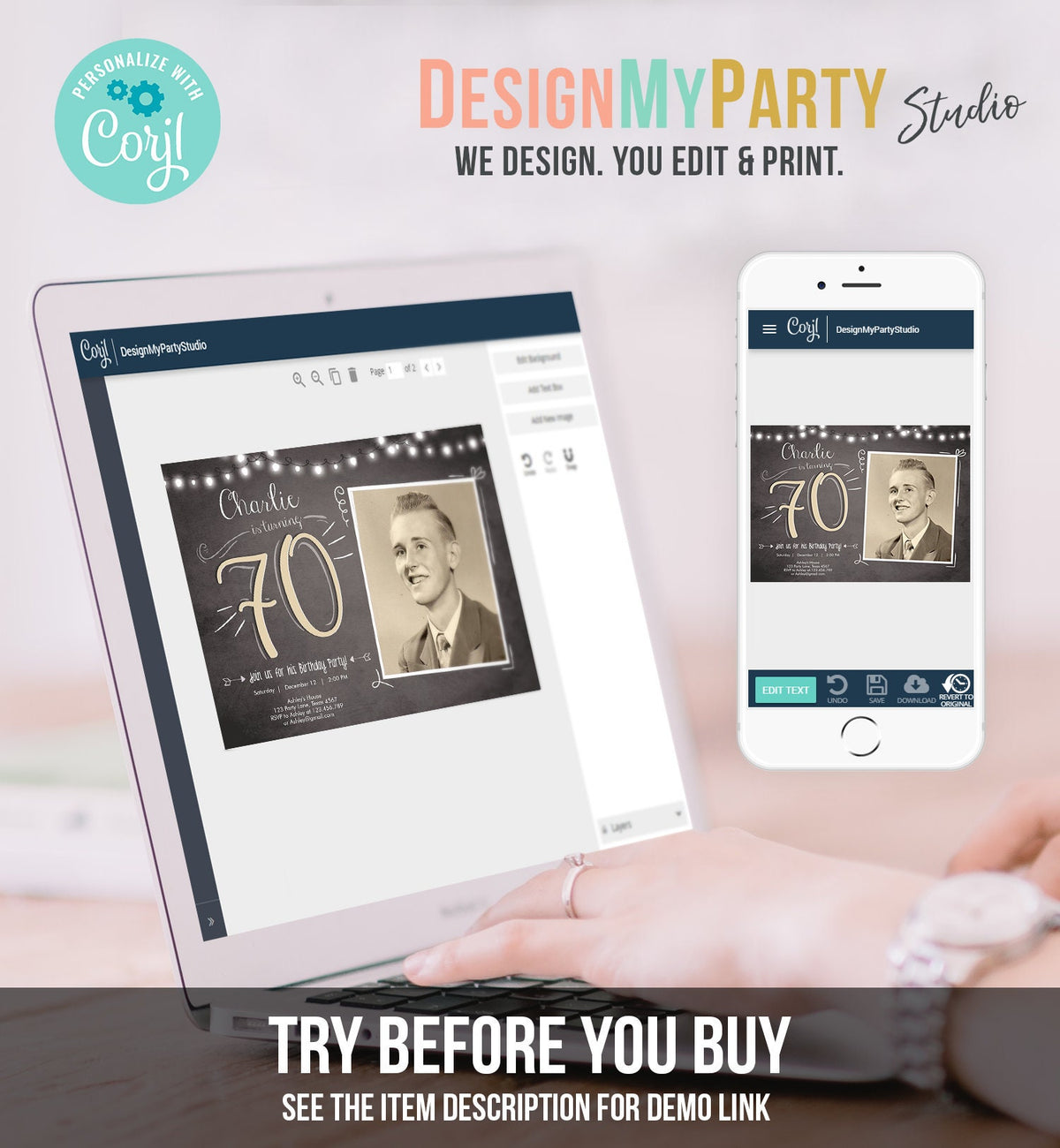 Editable 70th Birthday Invitation Chalkboard Rustic Adult Surprise Birthday Party Seventy Photo Download Evite Template Printable 0230