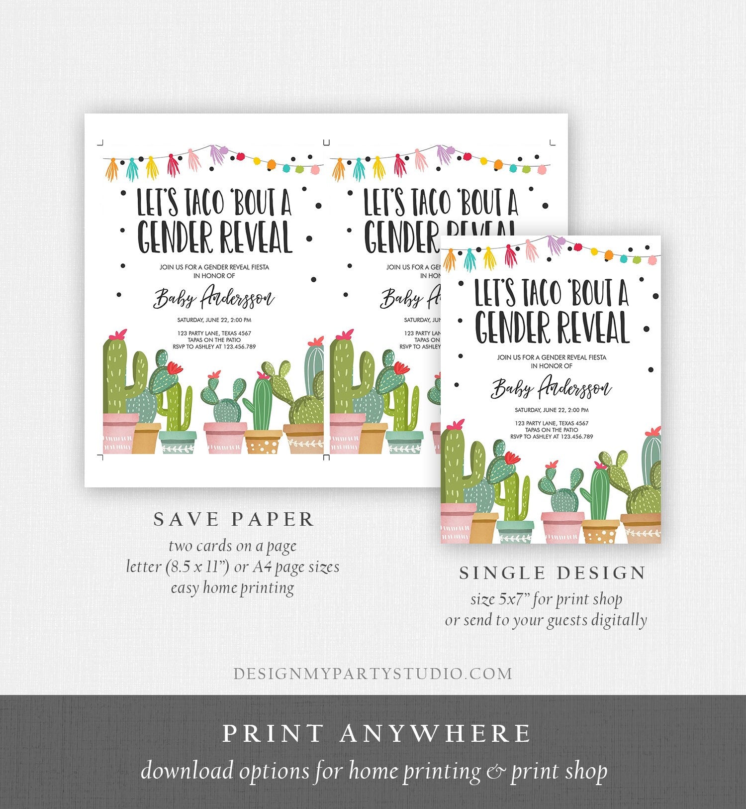 Editable Taco Bout a Gender Reveal Invitation Cactus Mexican Fiesta He or She Boy or Girl Party Digital Download Template Printable 0254