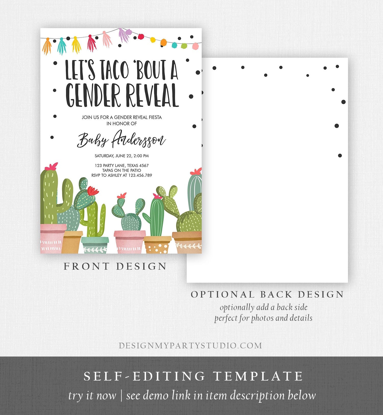 Editable Taco Bout a Gender Reveal Invitation Cactus Mexican Fiesta He or She Boy or Girl Party Digital Download Template Printable 0254