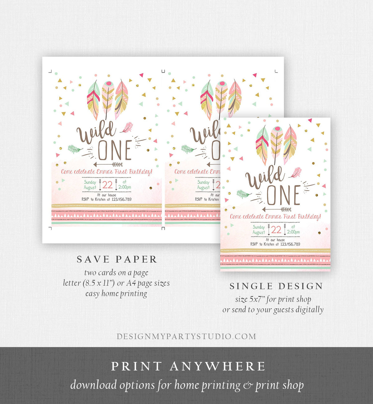 Editable Birthday Invitation Wild One Girl Invite Tribal Boho Arrow Feathers Coral Mint Digital Download Evite Template Printable 0073