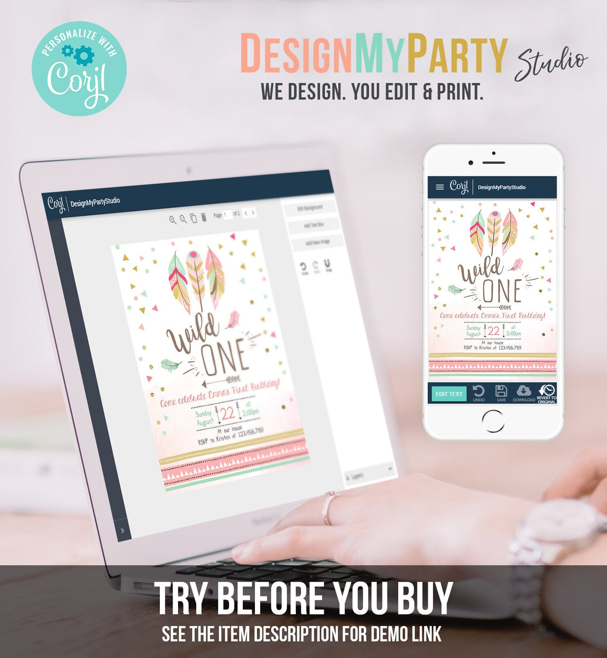 Editable Birthday Invitation Wild One Girl Invite Tribal Boho Arrow Feathers Coral Mint Digital Download Evite Template Printable 0073