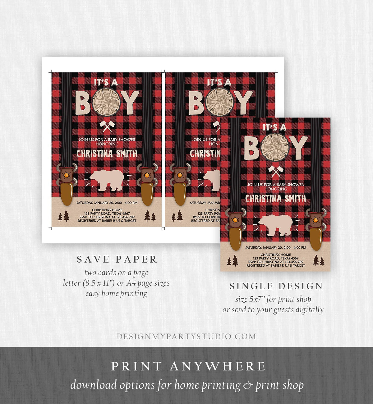 Editable Lumberjack Baby Shower Invitation Baby Boy Buffalo Plaid Rustic Bear Cub It&#39;s a Boy Winter Download Evite Template Printable 0026
