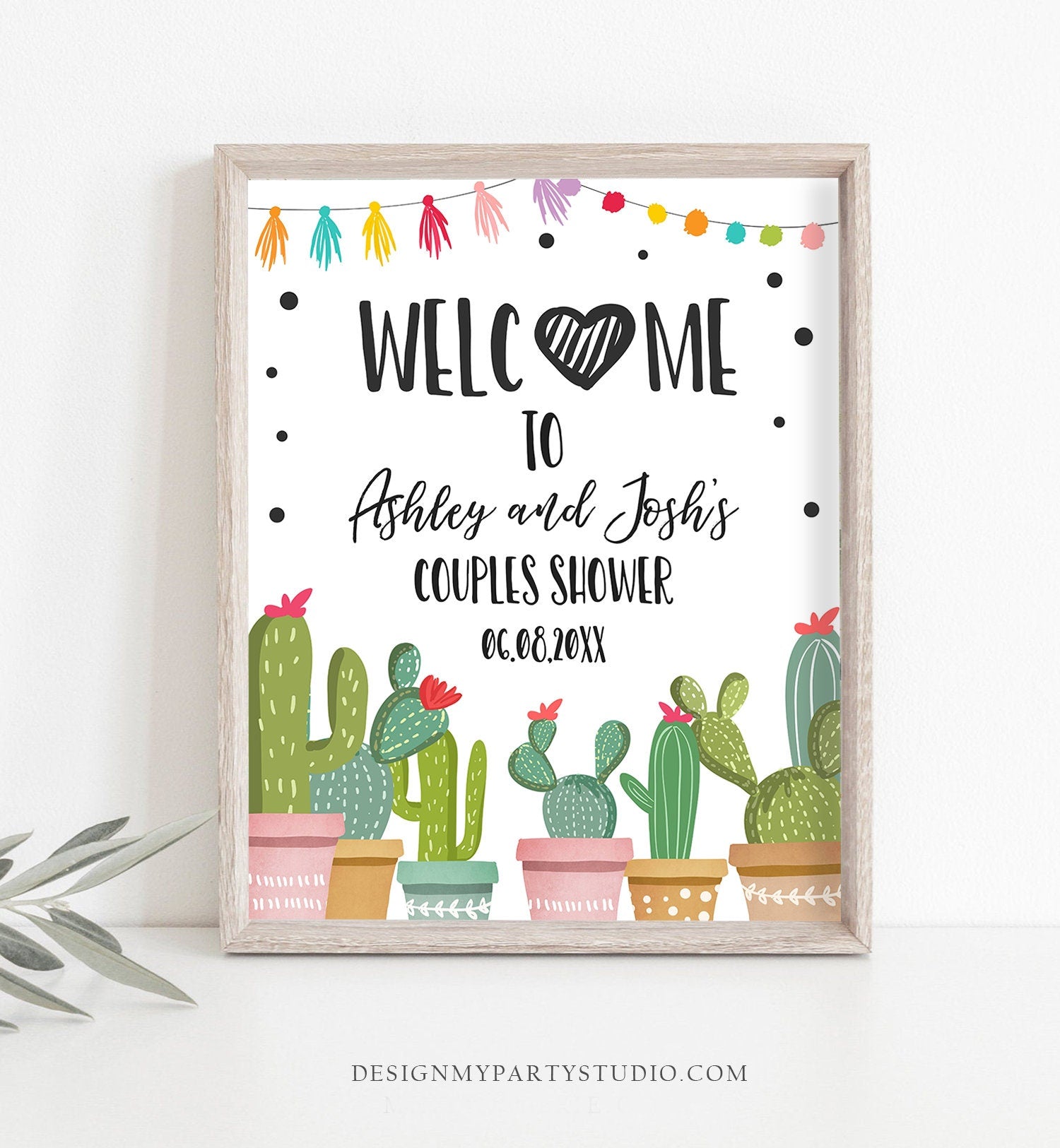 Editable Fiesta Cactus Welcome Sign Couples Shower Welcome Cactus Mexican Succulent Taco Bout Love Succulent Corjl Template Printable 0254