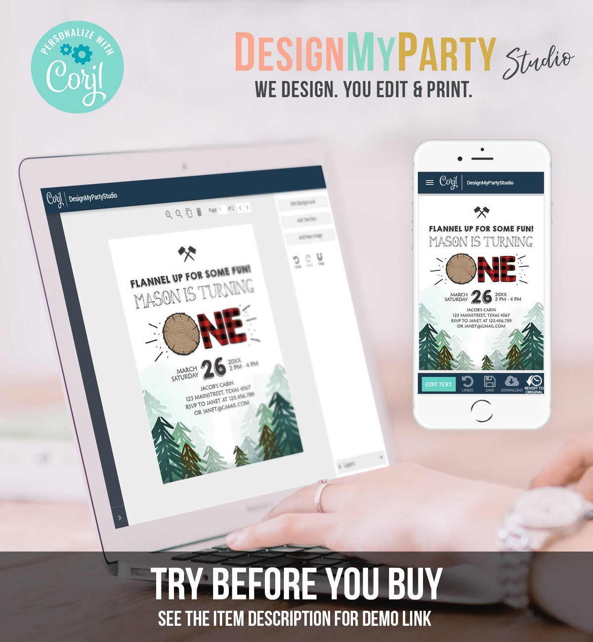 Editable Lumberjack Birthday Invitation First Birthday Woodland Outdoor Camping Party Boy Forest Red Plaid Printable Corjl Template 0377