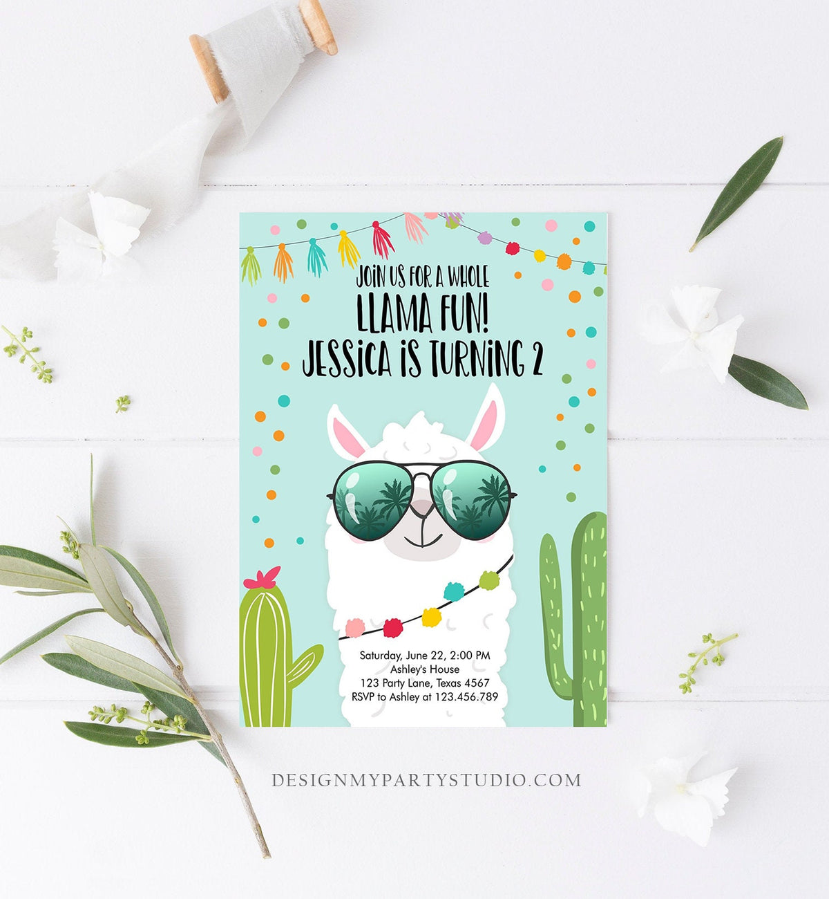 Editable Whole Llama Fun Birthday Invitation Llama Fiesta Cactus Confetti Boy Blue Alpaca Digital Download Evite Template Printable 0079