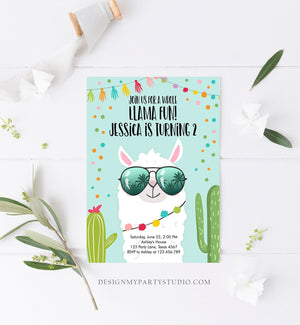 Editable Whole Llama Fun Birthday Invitation Llama Fiesta Cactus Confetti Boy Blue Alpaca Instant Download Printable Template Corjl 0079