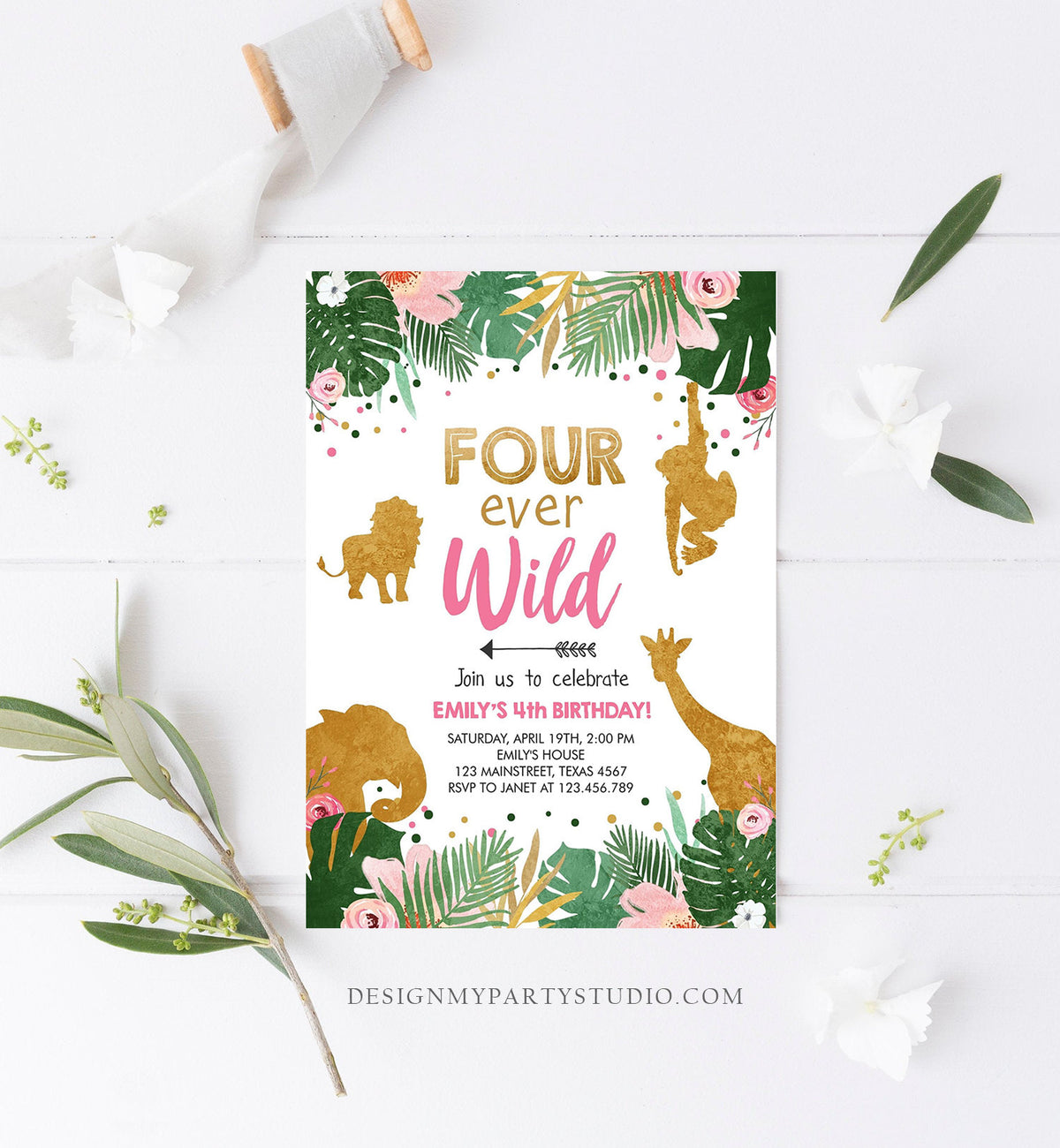 Editable Four ever Wild Birthday Invitation Safari Animals Jungle Zoo Gold Girl Pink 4th Birthday Party Animals Printable Template 0016