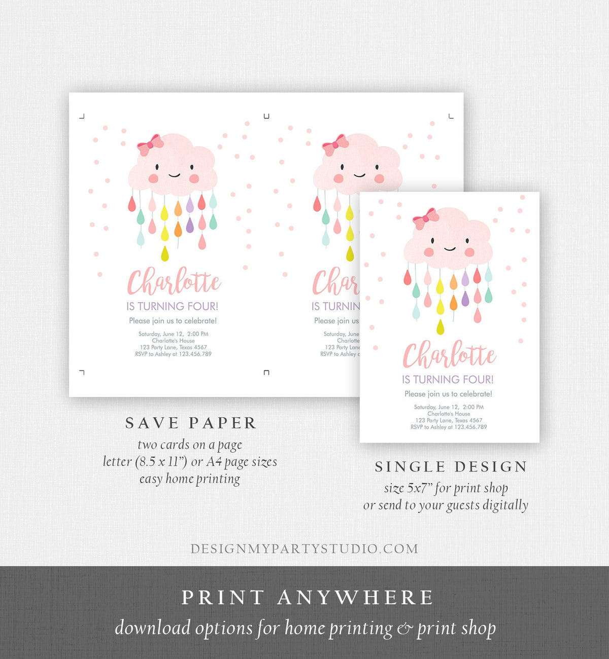 Editable Cloud Birthday Invitation Girl Raindrop Rainbow Cute Pink Cloud Drops Bow Confetti Digital Download Evite Template Printable 0036
