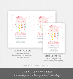 Editable ANY AGE Cloud Birthday Invitation Girl Raindrop Rainbow Drops Pink Bow Confetti Instant Download Printable Corjl Template 0036