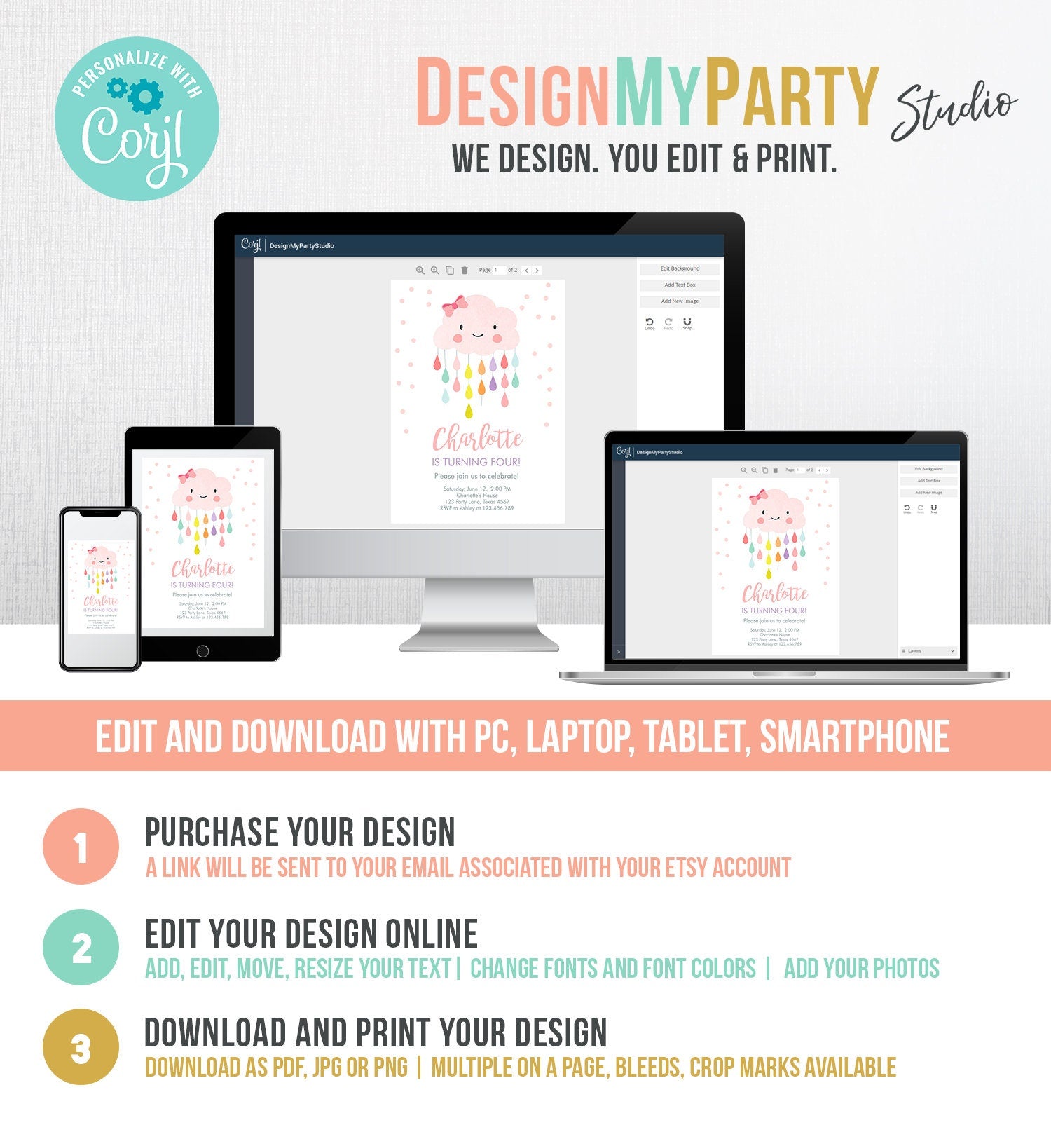 Editable Cloud Birthday Invitation Girl Raindrop Rainbow Cute Pink Cloud Drops Bow Confetti Digital Download Evite Template Printable 0036