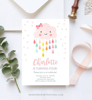 Editable ANY AGE Cloud Birthday Invitation Girl Raindrop Rainbow Drops Pink Bow Confetti Instant Download Printable Corjl Template 0036