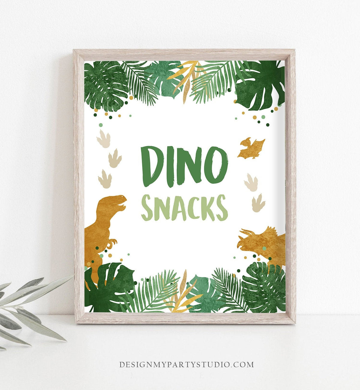 Dino Snacks Sign Table Decor Dinosaur Sign Dino Food Sweet Table Prehistoric Party Boy Green Gold Gift Table Leaves Sign Printable 0146
