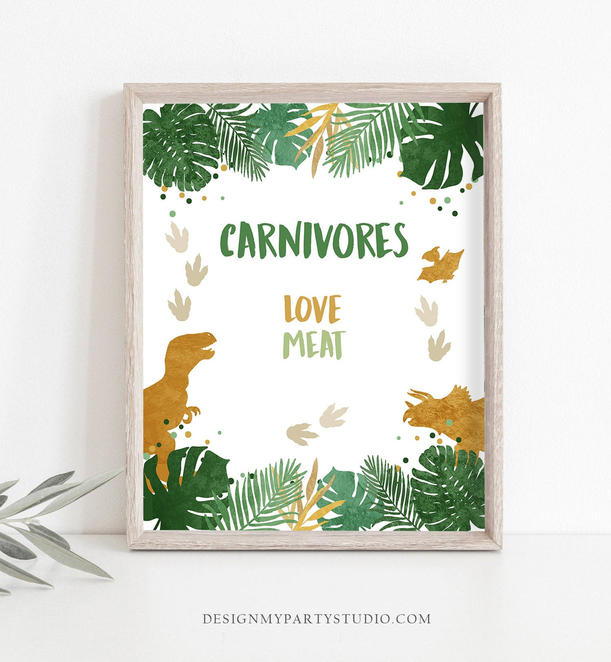 Carnivores Dinosaur Birthday Sign Food Table Decor Dinosaur Birthday Dino Party Boy Green Gold Dino T-Rex Table Sign Printable 0146